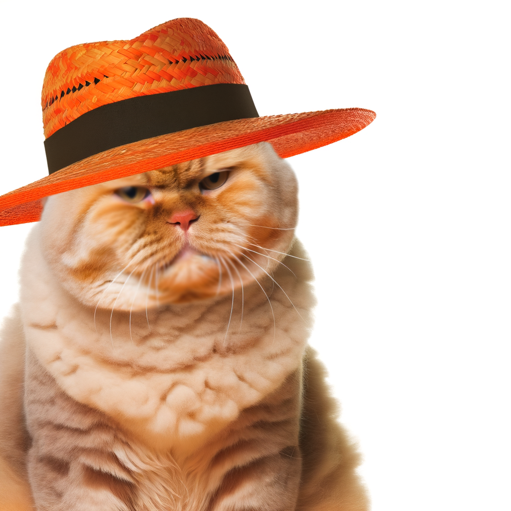 A Recurtim photo real image of a cat wearing an orange panama hat.